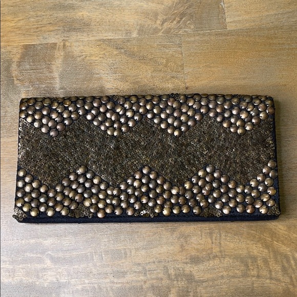 Ecoté Bronze Metal and Black Chevron Embellished Chain Clutch - Picture 2 of 10